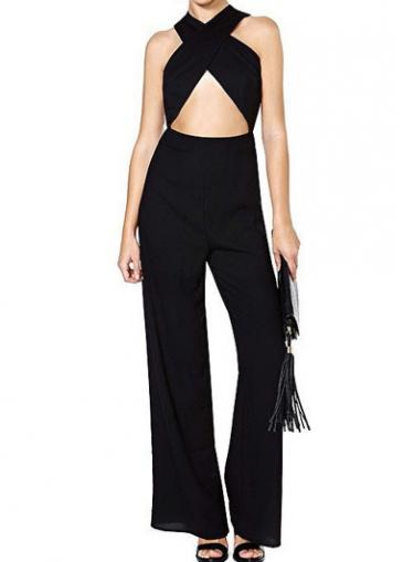 Rosewe Criss Cross Back Black Ankle Length Jumpsuit