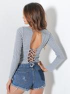 Shein V Neckline Lace Up Open Back Tee