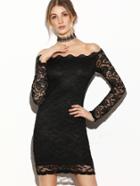 Shein Black Scallop Off The Shoulder Sheer Sleeve Lace Dress