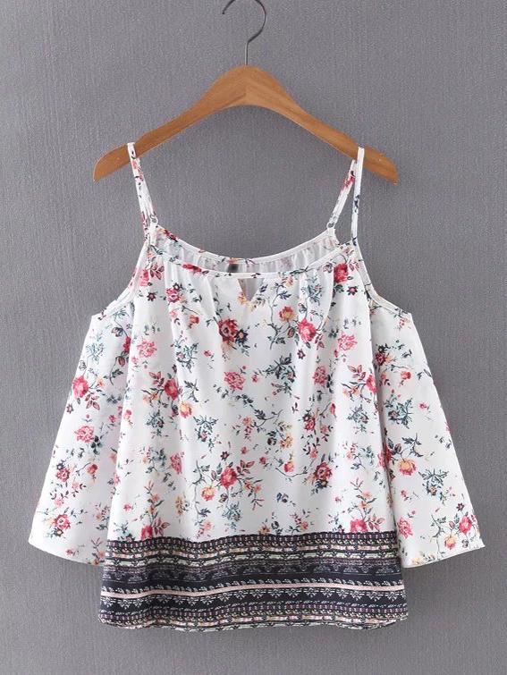 Shein White Cold Shoulder Floral Blouse