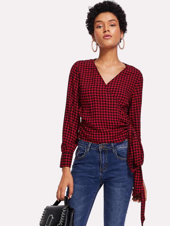 Shein Self Tie Surplice Gingham Blouse
