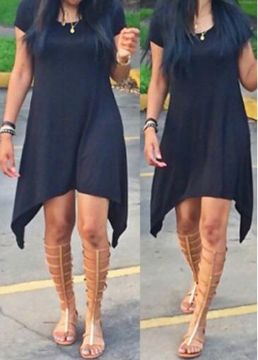 Rosewe Short Sleeve Black Asymmetric Straight Dress
