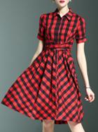 Shein Red Lapel Bowtie Plaid A-line Dress