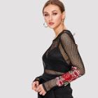 Shein Embroidered Rose Patch Fishnet Top
