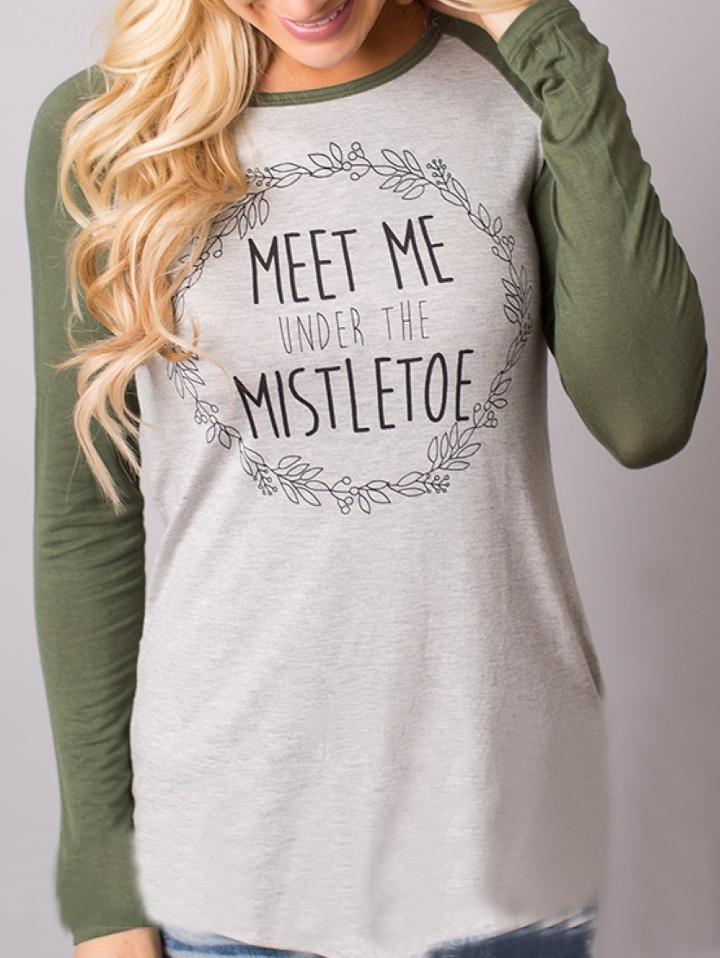 Shein Grey Green Long Sleeve Letters Print T-shirt