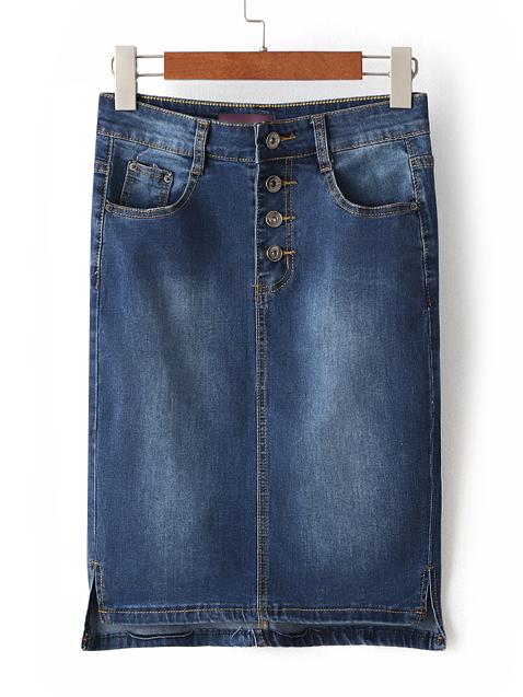Shein Dark Blue Pocket Buttons Split Side Denim Skirt