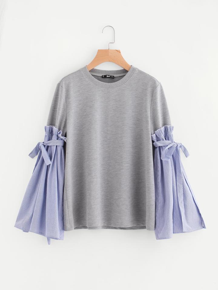 Shein Belted Pinstripe Bell Sleeve Mixed Media Sweatshirt