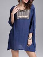 Shein Navy Bead Embroidered Loose Top