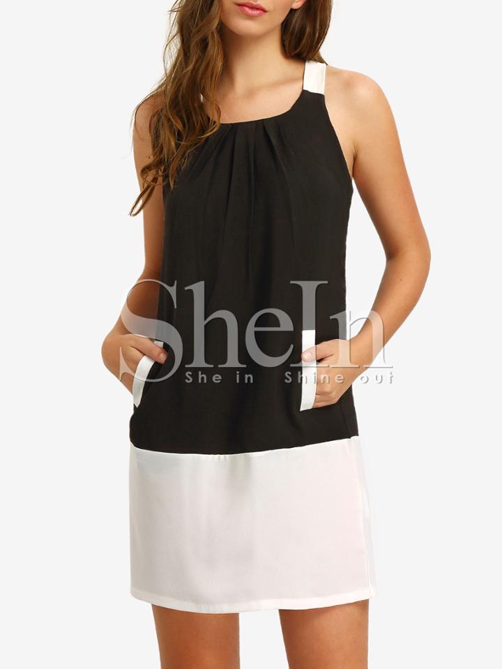Shein White Black Contrast Pockets Loop Back Shift Dress