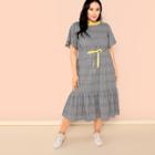 Shein Plus Flutter Sleeve Drawstring Waist Plaid Dress