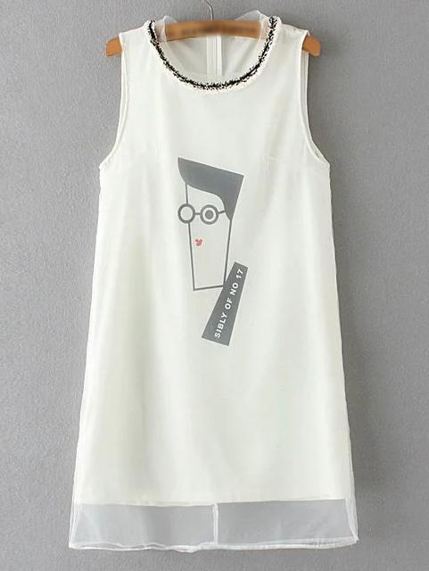 Shein White Fringe Trim Neck Sleeveless Print Dress