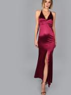 Shein Cross Back Satin Slit Maxi Gown Burgundy