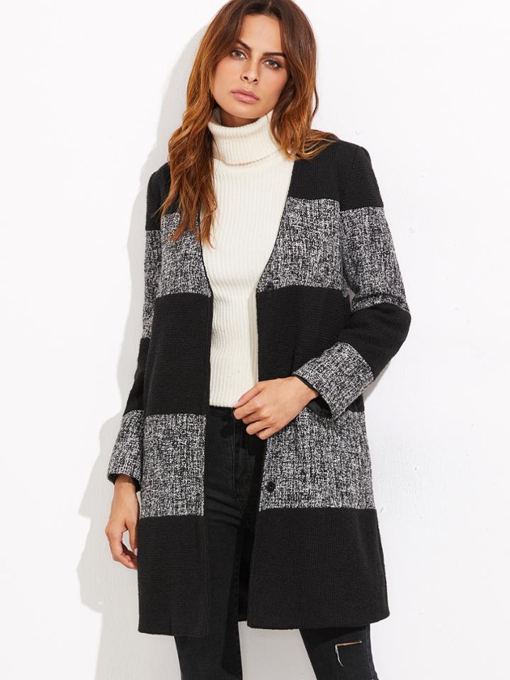 Shein Color Black V Neck Button Up Coat