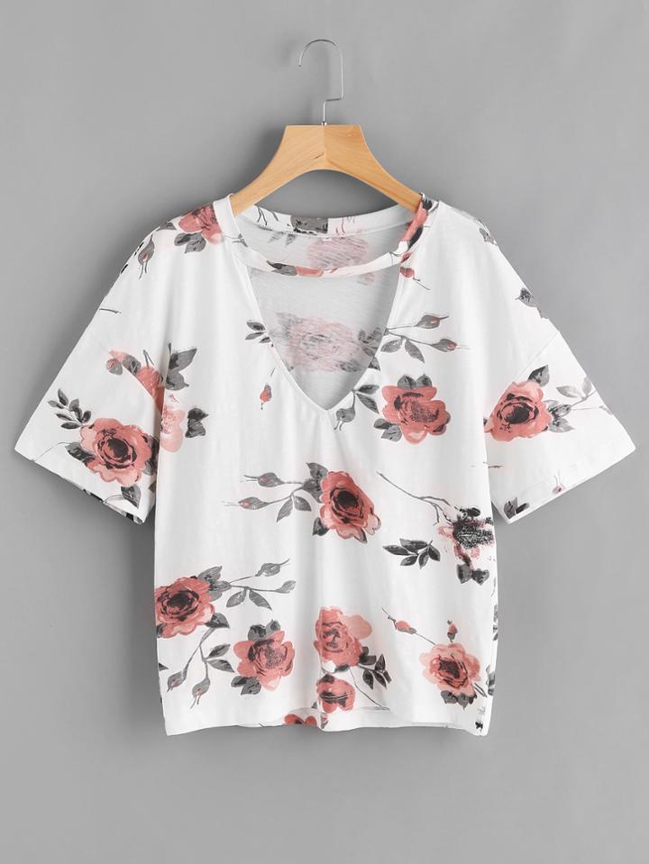 Shein Flower Print Drop Shoulder Choker Neck Tee