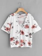 Shein Flower Print Drop Shoulder Choker Neck Tee