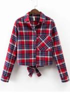 Shein Red Plaid Bow Tie Blouse With Pocket