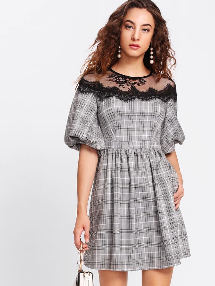 Shein Bishop Sleeve Eyelash Lace Yoke Plaid Dress