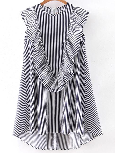 Shein Vertical Striped Sleeveless Ruffle Dipped Hem Zipper Dress