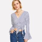 Shein Trumpet Sleeve Striped Wrap Top