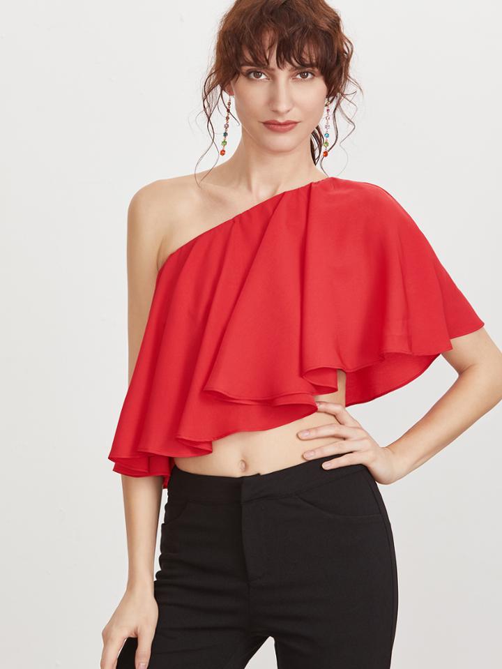 Shein Red One Shoulder Crop Ruffle Top