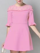 Shein Pink Round Neck Half Sleeve Contrast Lace A-line Dress