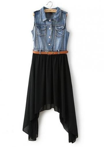 Rosewe Fine Quality Turndown Collar Sleeveless Denim Dress With Pocket