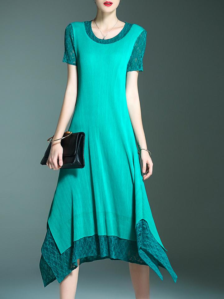 Shein Green Elastic Pleated Contrast Lace Dress