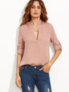 Shein Pink Deep V Neck Roll Tab Sleeve High Low Blouse