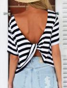 Shein White Black Striped Open Back T-shirt