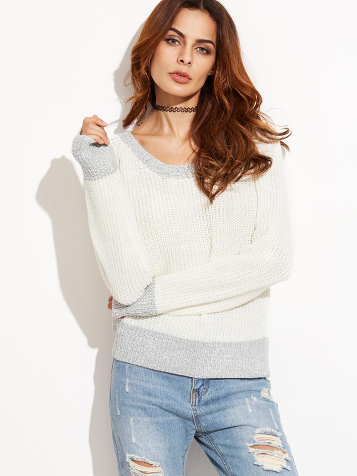 Shein White Contrast Trim Waffle Knit Raglan Sleeve Sweater
