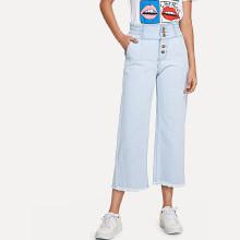 Shein Raw Hem Button Wide Leg Jeans