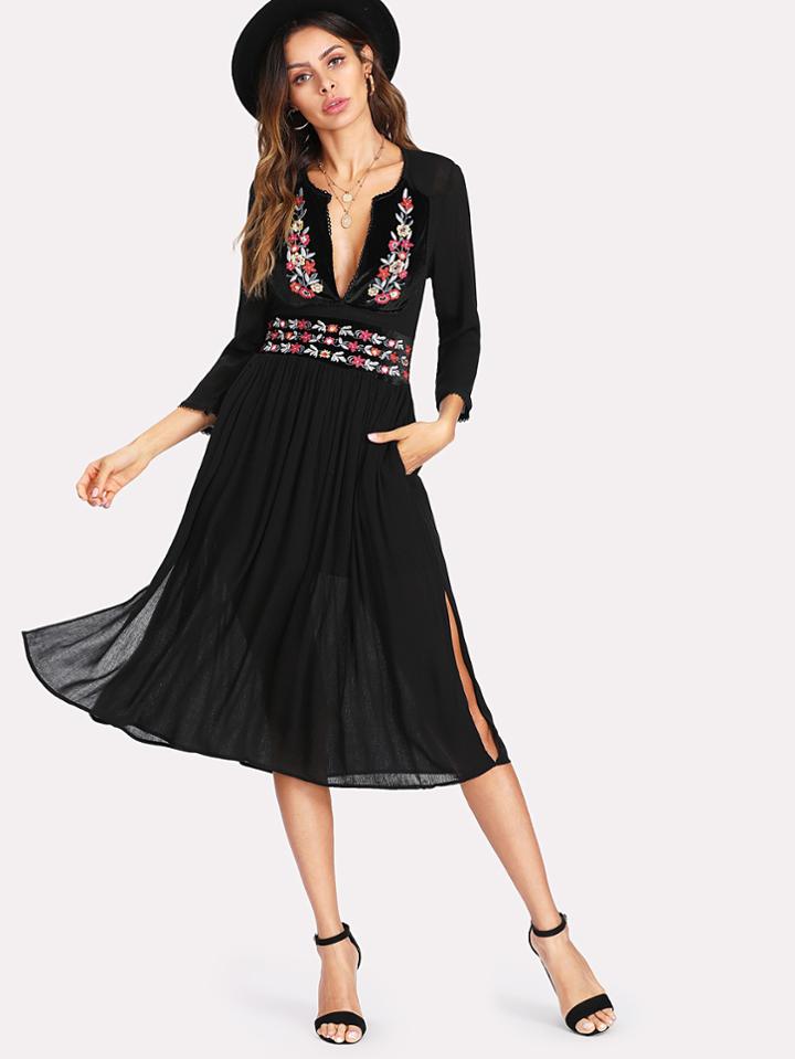 Shein Side Slit Plunge Neckline Embroidered Dress