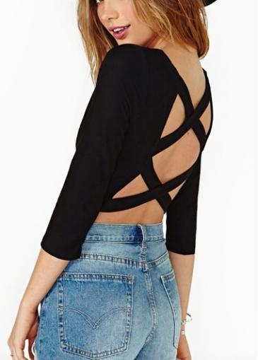 Rosewe Cross Back Design Three Quarter Sleeve Black Tees