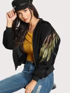 Shein Feather Embroidered Zip Up Bomber Jacket