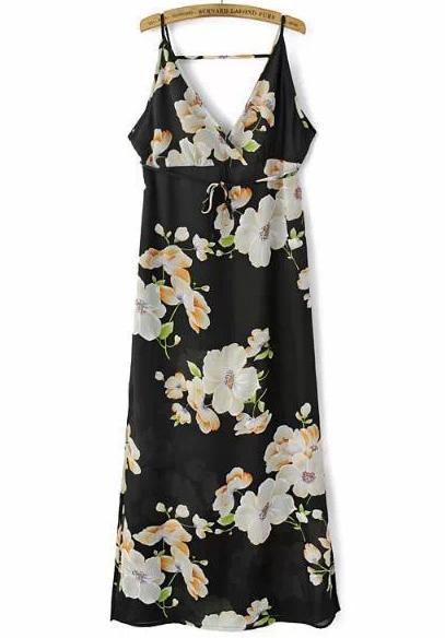 Shein Black Spaghetti Strap Floral Split Dress