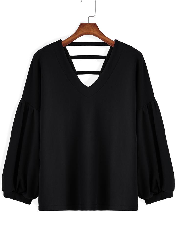 Shein Black V Neck Hollow Loose Blouse