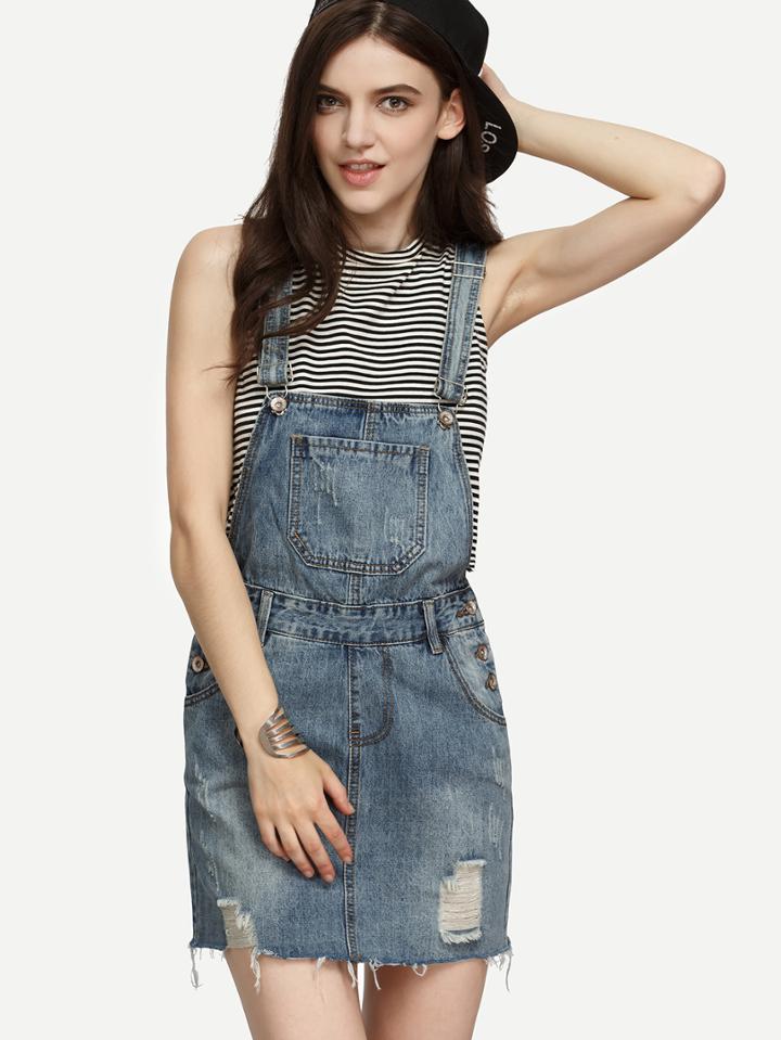 Shein Blue Ripped Raw Hem Overall Denim Dress