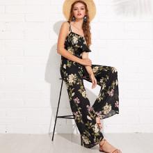 Shein Self Tie Shoulder Ruffle Trim Floral Jumpsuit