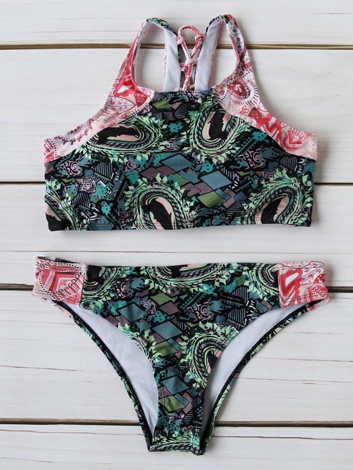 Shein Multicolor Printed Criss Cross Bikini Set
