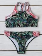 Shein Multicolor Printed Criss Cross Bikini Set