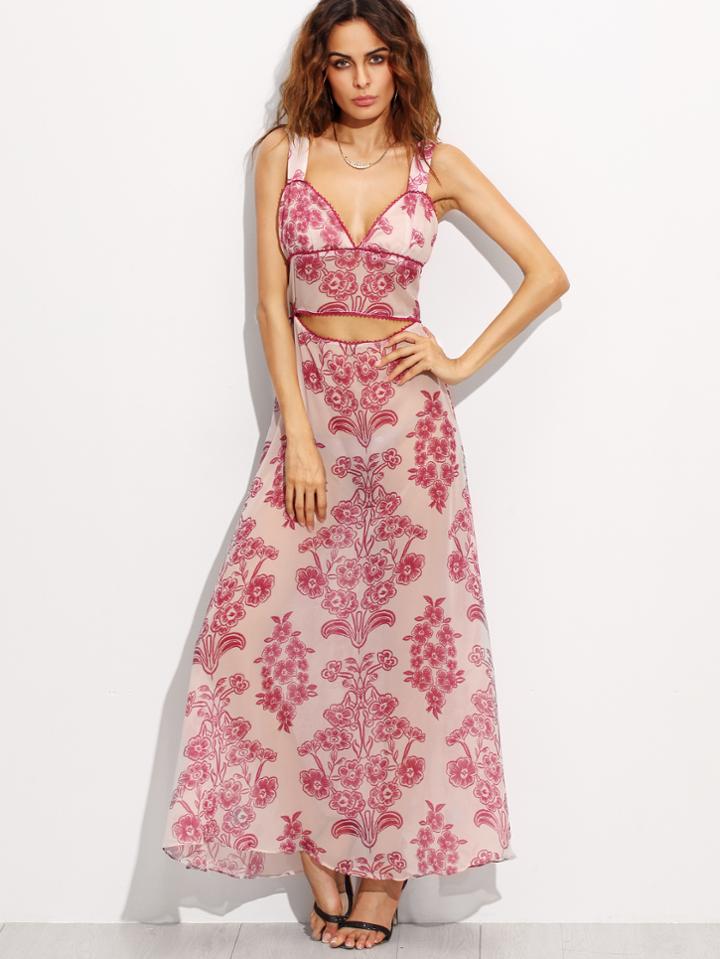 Shein Floral Print Strap Cut Out Open Back Dress