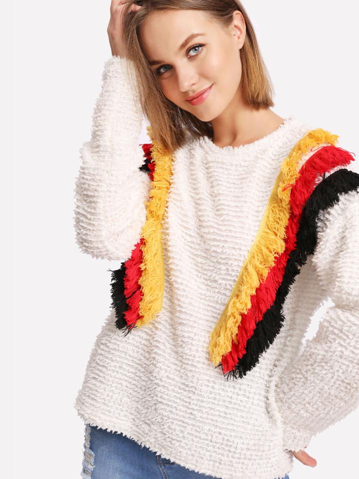 Shein Tiered Fringe Detail Fuzzy Pullover