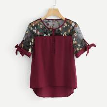Shein Sheer Mesh Panel Embroidered Top