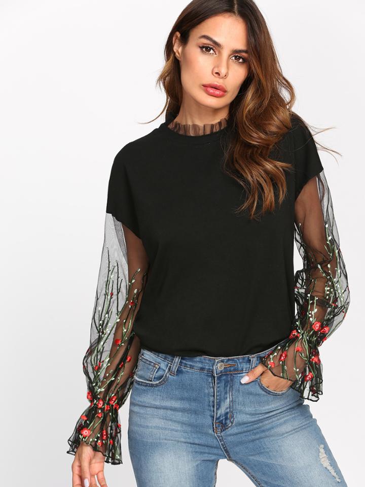 Shein Botanical Embroidered Mesh Sleeve Sweatshirt