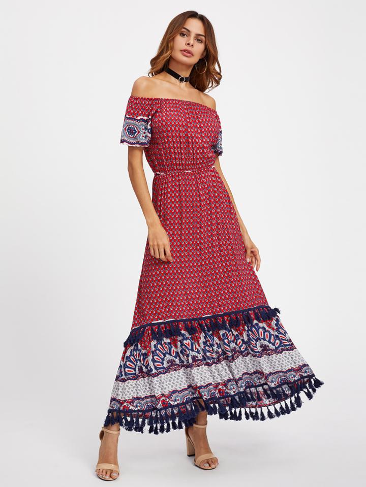 Shein Ornate Print Tassel Trim Bardot Dress