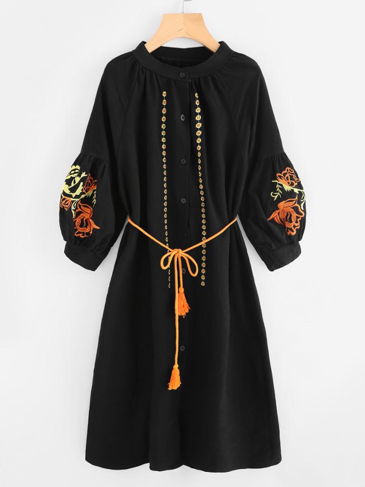 Shein Flower Embroidered Lantern Sleeve Tassel Tie Dress