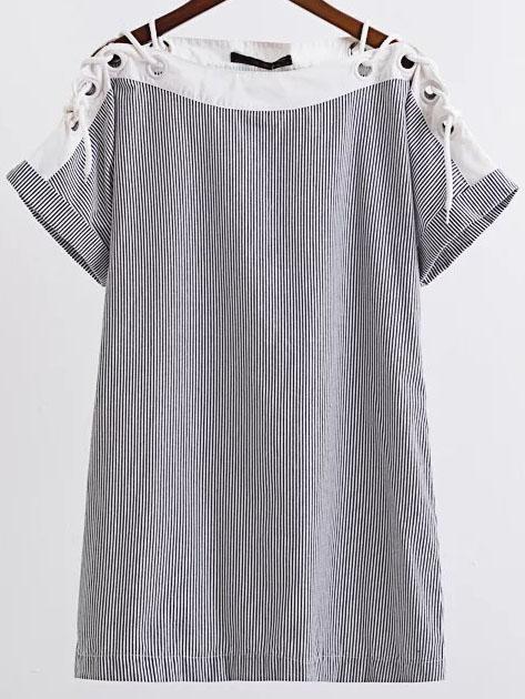 Shein Black Vertical Striped Boat Neck Eyelet Lace Up Dress