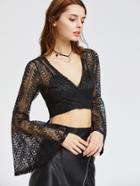 Shein Black Hollow Out Embroidered Lace Crisscross Tie Crop Top
