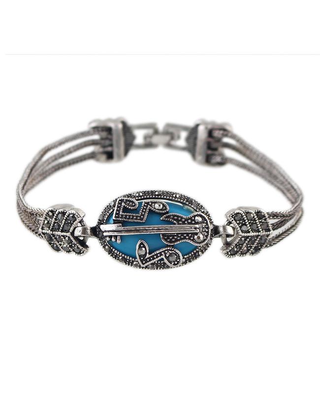 Shein Antique Silver Plated Blue Imitation Gemstone Wrap Bracelet