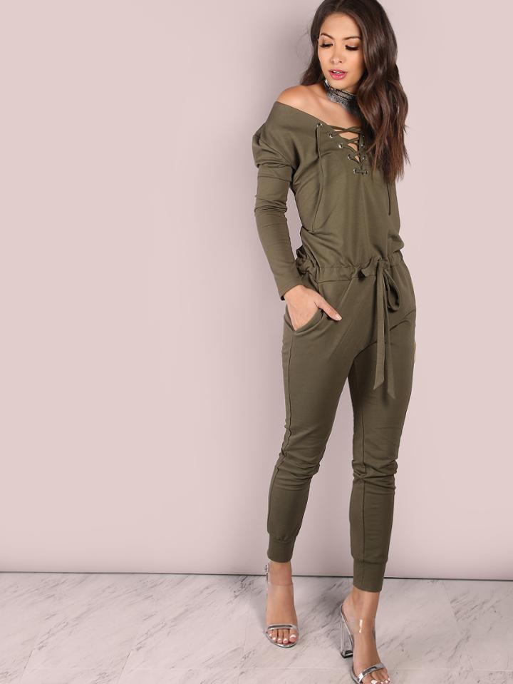 Shein Slouchy Lace Up Cotton Jumpsuit Olive